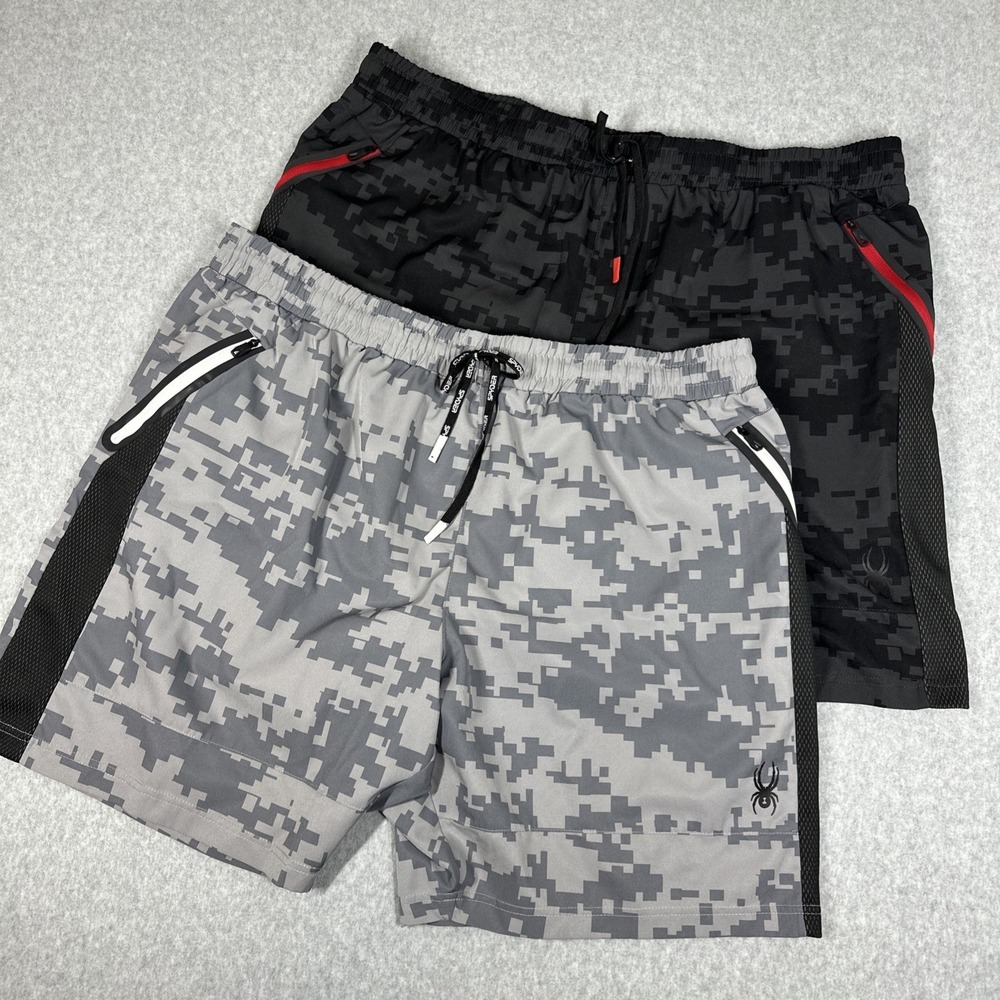 Spyder Active Men's XXL Grey & Black Digital Camo Athletic Gym Shorts Lot Of‎ 2